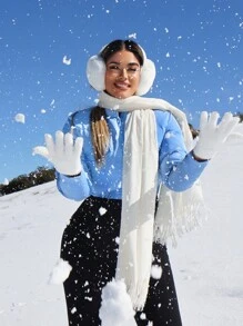 SHEIN SXY Women's Solid Color Long Sleeve Cropped Baseball Collar Padded Coat, Winter - Blue - View 3