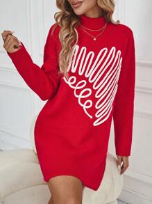 SHEIN LUNE Women's Heart Print Stand Collar Long Sleeve Short Sweater Dress - Red - View 6