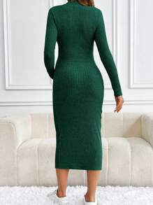 SHEIN Maternity Ribbed Knit Solid Stand Collar Long Sleeve Dress - Dark Green - View 2