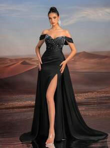 Glamrae Vestido de noche elegante y grácil con hombros descubiertos, escote princesa, silueta ajustada de sirena, con volante delantero, ribete con cuentas, espalda descubierta con abertura alta y tren desmontable, para ocasiones formales, bodas, fiestas. Vestido de noche negro para invitados de boda, graduación, cena.