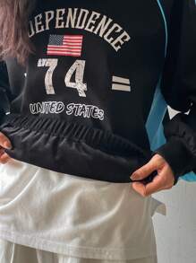 DAZY Women's Loose Fit Colorblock American Flag & Letter Print Raglan Sleeve Sweatshirt, Spring/Fall - Black - View 8