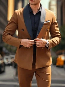 Manfinity Mode 男士春秋拼色翻领长袖西装外套和裤子，商务休闲装
