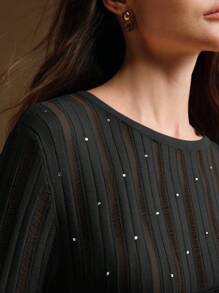 Anewsta Camiseta de cuello redondo de manga larga con diseño de textura de ganchillo y adornos de strass en toda la prenda, de corte casual, sexy, elegante y sencillo, estilo básico