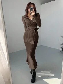 DAZY Women Solid Color Wrap Tie Waist Midi Dress, Spring/Summer/Autumn