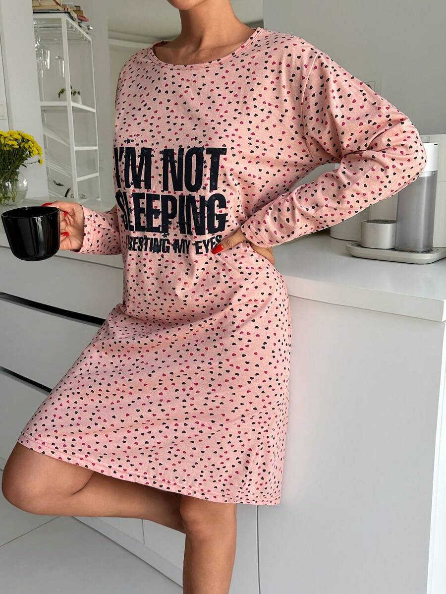 RueChic Cotton Heart Pattern With Letter Sleepshirt - Pink - View 1