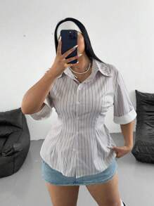 Flirla Camisa con botones delanteros, parches de sólido y rayas, manga media y solapa, talla grande