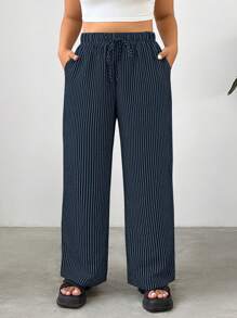 SHEIN EZwear 大码休闲条纹前系带口袋简约宽松长裤 - 藍色 - 查看 5
