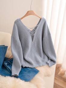 SHEIN Frenchy Plus Size Light Blue V Neck Backless Sweater,Women's Smart Casual Everyday Elegant Long Sleeve Drawstring Hem Pullover Street Sweater Fall/Winter - Grey - View 2