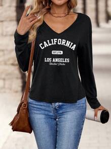 EMERY ROSE Camiseta de manga larga con cuello en V, de corte holgado y estampado gráfico de texto de California, para mujer de talla grande, apta para otoño e invierno