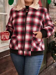 Chaqueta informal de manga larga con cuello esponjoso, efecto de bloque de color a cuadros, para mujer de talla grande, ideal para otoño e invierno - Rojo - Ver 3