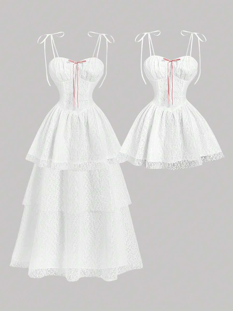 SHEIN MOD 女士白色蕾丝多层连衣裙，可翻转，优雅女士连衣裙，返校节连衣裙，短款礼服，返校节短款连衣裙 - 白色 - 查看 1