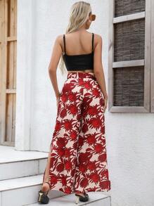 Breezaya Pantalones casuales con estampado completo y lazo delantero para mujer