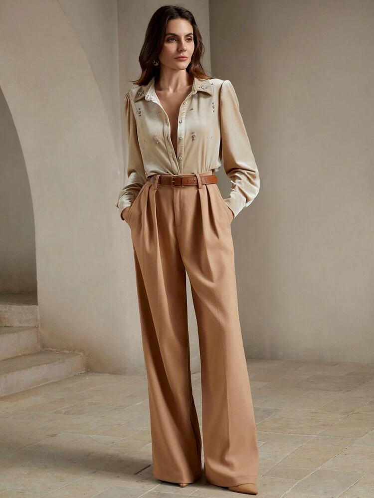 Autumn/Winter V-Neck Long Sleeve Velvet Shirt With Rhinestone Decoration, Elegant