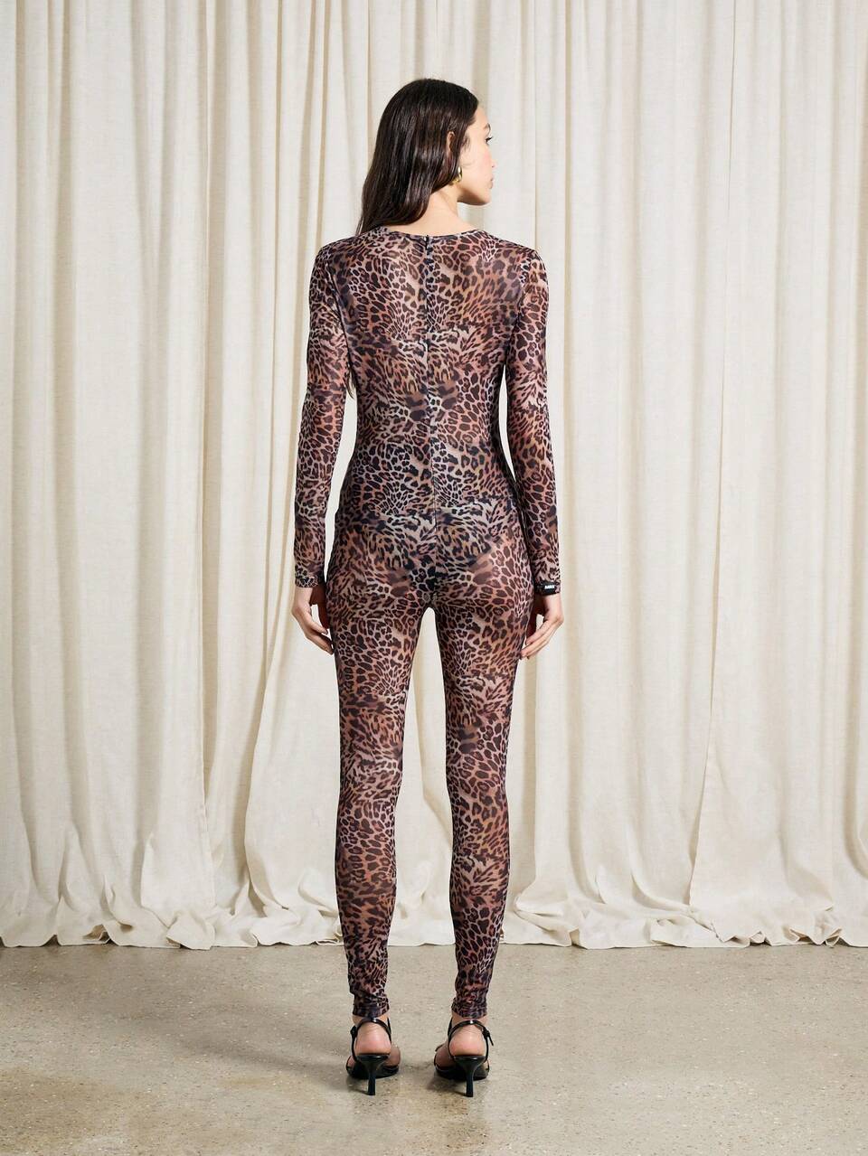 AiiRZ Leopard Print Sheer Mesh Lace Fitted Long Sleeve Jumpsuit