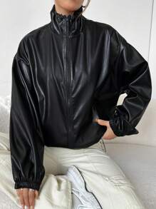 SHEIN EZwear Zippered Off-Shoulder Black Leather Jacket - Black - View 5