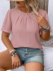 EMERY ROSE Plus Size Women Casual Solid Color Crew Neck Ruched Short Puff Sleeve Blouse - Pink - View 6