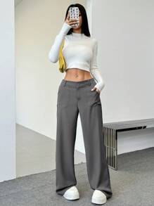 SHEIN EZwear 女士纯色低腰口袋直筒宽松休闲正装裤 - 灰色 - 查看 3