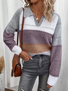 SHEIN LUNE Solid Color Patchwork Long Sleeve Minimalist Sweater, Casual Everyday Wear - Multicolor - View 4