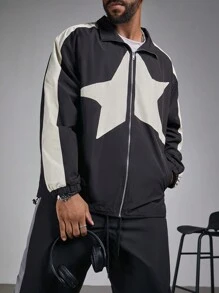 Manfinity LEGND Men's Plus Size Contrast Color Splice Front Zip Up Casual Jacket Fall Men Clothes - Multicolor - View 4