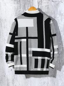 Geometric Colorblock Intarsia Knit Cardigan With Unique Fashion Charm, For Teenage Boys