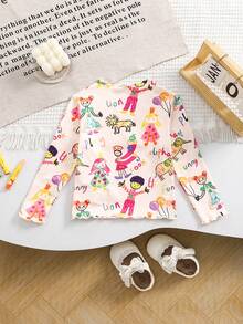 SHEIN Áo thun tay dài dệt kim co giãn in họa tiết hoạt hình dễ thương cho bé gái mùa thu đông - Nhiều màu - Xem 2
