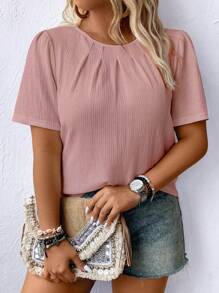 EMERY ROSE Plus Size Women Casual Solid Color Crew Neck Ruched Short Puff Sleeve Blouse - Pink - View 5