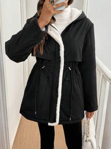 SHEIN Frenchy Women's Solid Color Long Sleeve Drawstring Waist Thermal Lined Hooded Casual Warm Padded Coat, Drawstring Waist Teddy Lined Hooded Clashing Reversible Coat, Winter Women's Black Coat, Zip Up Flannels Warm Women Coat, Winter Coat, Winter Outfits, Winter Women Clothes, Winter Jacket, Parka Coat