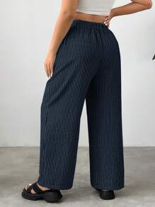 SHEIN EZwear 大码休闲条纹前系带口袋简约宽松长裤 - 藍色 - 查看 2