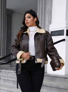 Calvaya Jaqueta curta casual plus size para motocicleta com forro térmico, para outono e inverno - Castanho Café - Ver 4