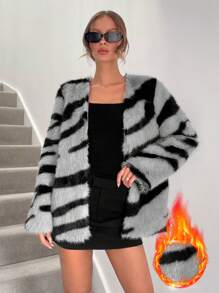 SHEIN Essnce Chaqueta suelta de manga larga con patrón de cebra, de frente abierto, y esponjosa, para mujer, abrigo de piel, estampado animal, ropa de mujer de invierno - Gris - Ver 1