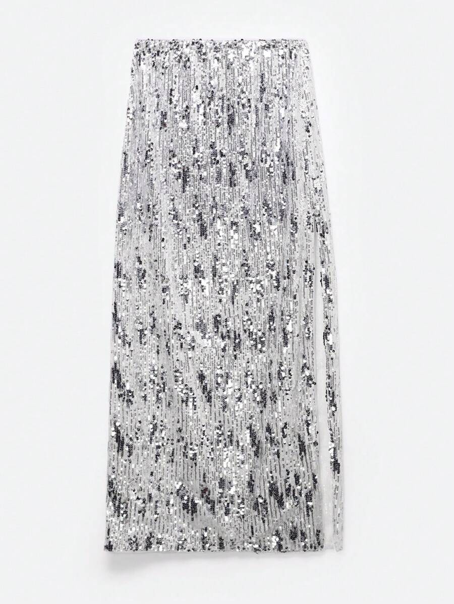 SHEIN EZwear 女士时尚银色亮片开衩裙，夏季 - 銀色 - 查看 1