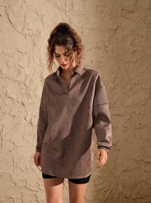 VARSIVA Sweatshirt Polo Collar Loose Casual Long Sleeves Women Sports Sweatshirts - Coffee Brown - View 6