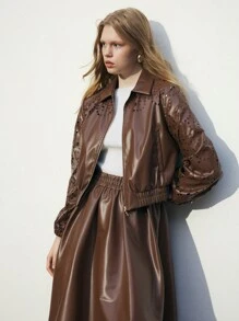 SHEIN Maija 女士棕色镂空拉链领长袖 PU 皮革时尚短款飞行员夹克，秋季 - 巧克力棕 - 查看 3