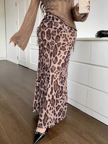 Modelyn Falda con estampado de leopardo por todas partes y cintura con lazo, uso casual para todos los días
