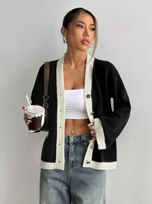 SHEIN Unity 长袖纯色纽扣休闲衬衫 - 黑與白 - 查看 1