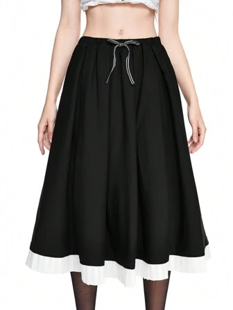 Kawaii Women's Plaid  Style Pleated Skirt With Ribbon Bow Tie 2 In 1 Back To School Skirt