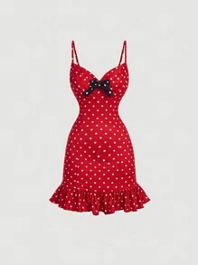 SHEIN X Garcia Sisters SHEIN MOD Red Vintage Cute Polka Dot Print Playful Mini Dress, Concert Women Outfit - Red - View 1