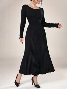 Modelyn Đầm Maxi dài tay cổ tròn thanh lịch màu trơn cho nữ trang phục nữ - màu đen - Xem 5