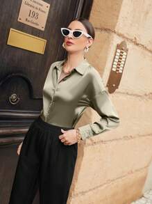 Mulvari Blusa elegante de hombro caído de unicolor para mujer, tops de manga larga para primavera y otoño - Verde Oliva - Ver 4
