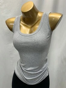 INAWLY Áo ba lỗ cổ tròn nhún bèo màu trơn thường ngày cho nữ - Xám - Xem 1