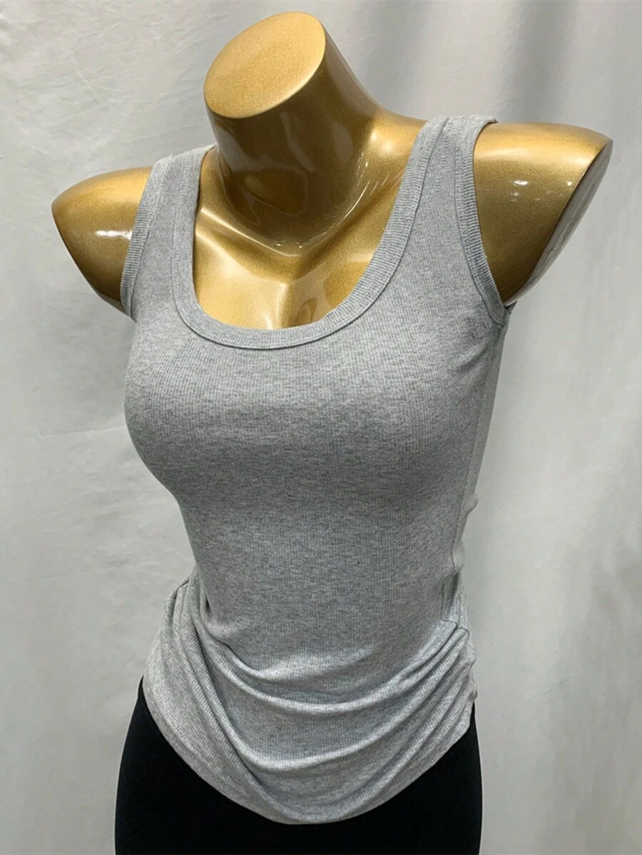 INAWLY Áo ba lỗ cổ tròn nhún bèo màu trơn thường ngày cho nữ - Xám - Xem 1
