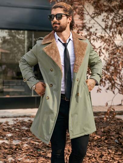 Manfinity Mode Casaco trench coat casual masculino com estampa de blocos de cores, gola fofa e abotoamento duplo, presente para namorado, sobretudo verde, itens versáteis para quem tem dinheiro antigo