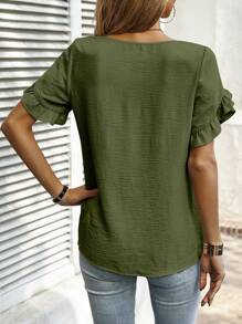 SHEIN Clasi Solid Color Round Neck Ruffle Trim Short Sleeve Blouse, Summer - Army Green - View 2