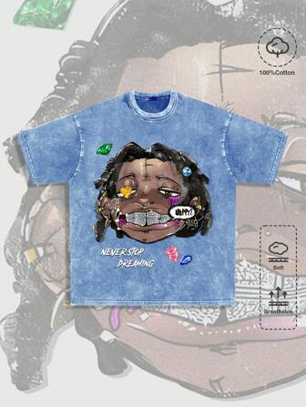 Street Life Camiseta de cuello redondo vintage desgastada de la alta calle para hombres, uso casual diario para primavera y verano