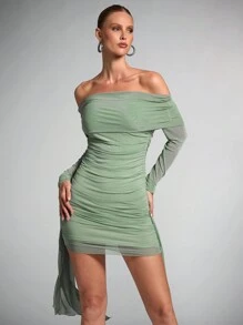 SHEIN BAE Women'sGreen Knitted Mesh Off-Shoulder Ribbon Detail Autumn Long Sleeve Dress,Fairy Core Dress,Elegant Women Dresses
