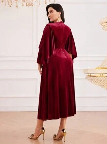 Modelyn Burgundy Red Plus Size Women's Spring & Autumn Elegant Dress With Pearl Decor & Ruffle Sleeves Long Evening Dresses - Burgundy - View 3