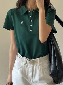 DAZY 女士夏季马匹印花短袖 Polo 领休闲 T 恤 复活节 - 墨綠色 - 查看 6