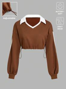 Innovista Women Brown Loose Fit Colorblock Cropped Sport Sweatshirts,Cropped Sweatshirts,Fall Sweatshirts,Going Out Tops,Workout Tops,Long Sleeves Sweatshirts,Colorblock Sweatshirts,Workout Women Tops,Fall Winter Women Outfit,Winter Women Clothes,Brown Long - Coffee Brown - View 2