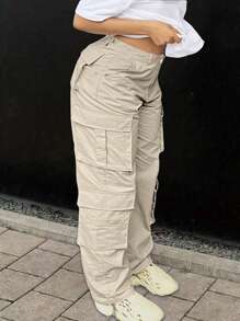 Plus Size Plain Front Button Casual Cargo Pants, Everyday Wear - Màu be - Xem 3