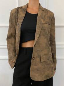DAZY Blazer holgado de mujer con cuello vuelto y hombros acolchados, de manga larga, con estampado floral teñido anudado